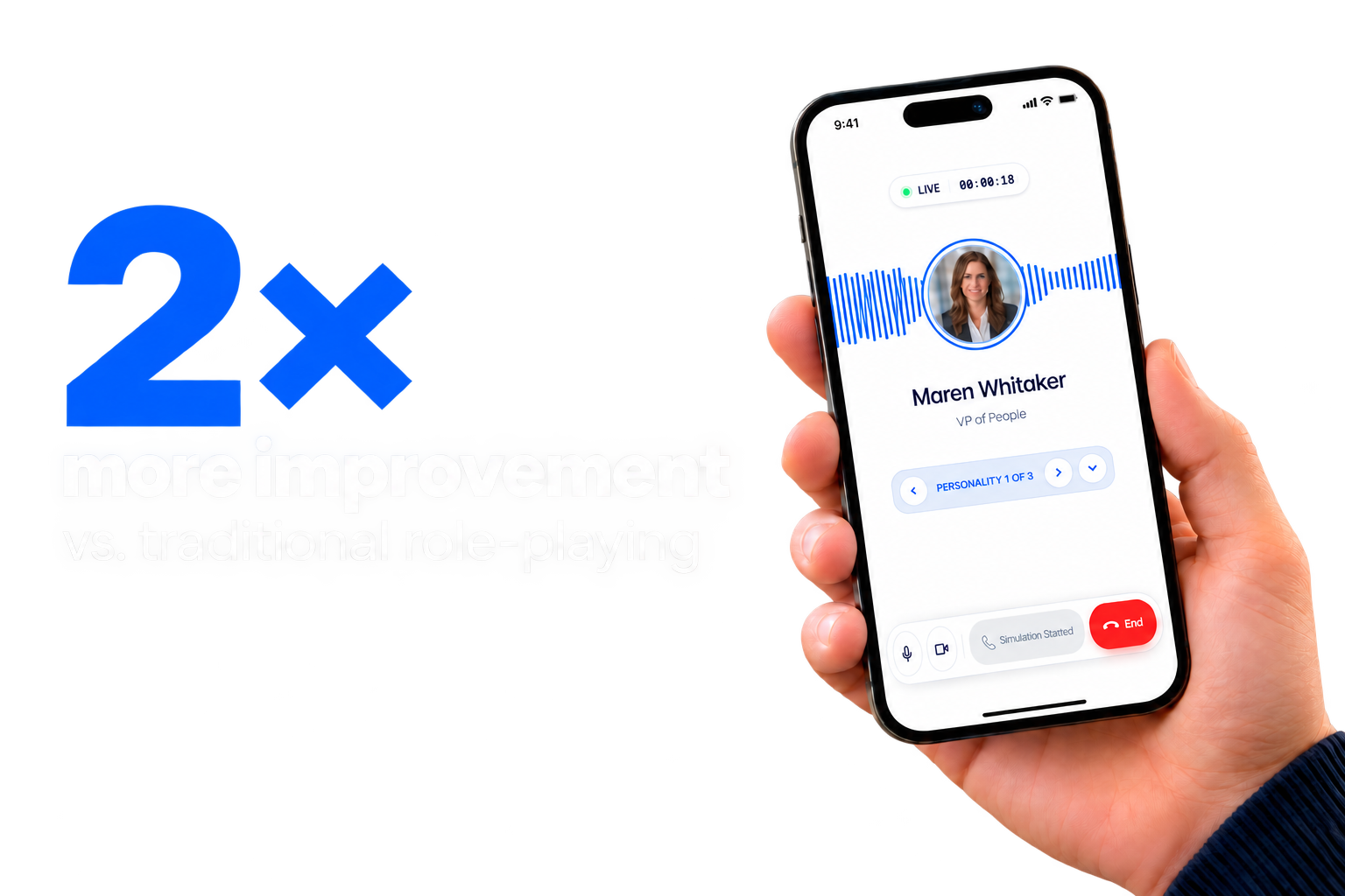 Simmie AI practice call on a phone, highlighting 2× more improvement versus traditional role-playing.