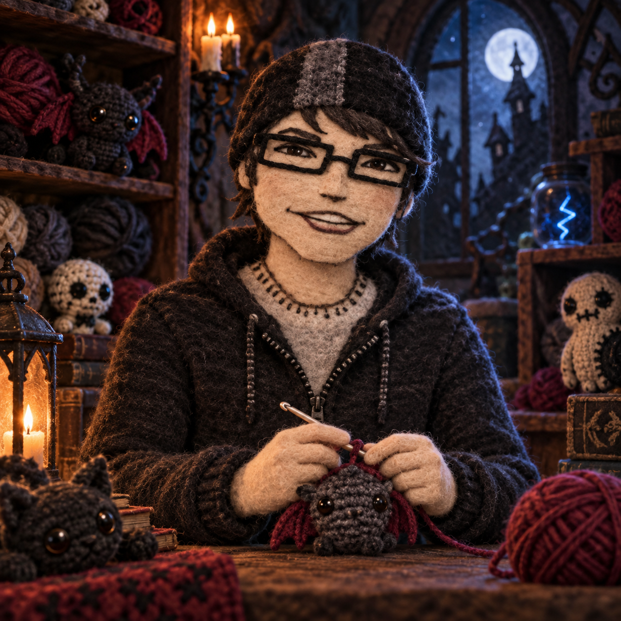 Kevin crocheting a creature in his atmospheric workshop