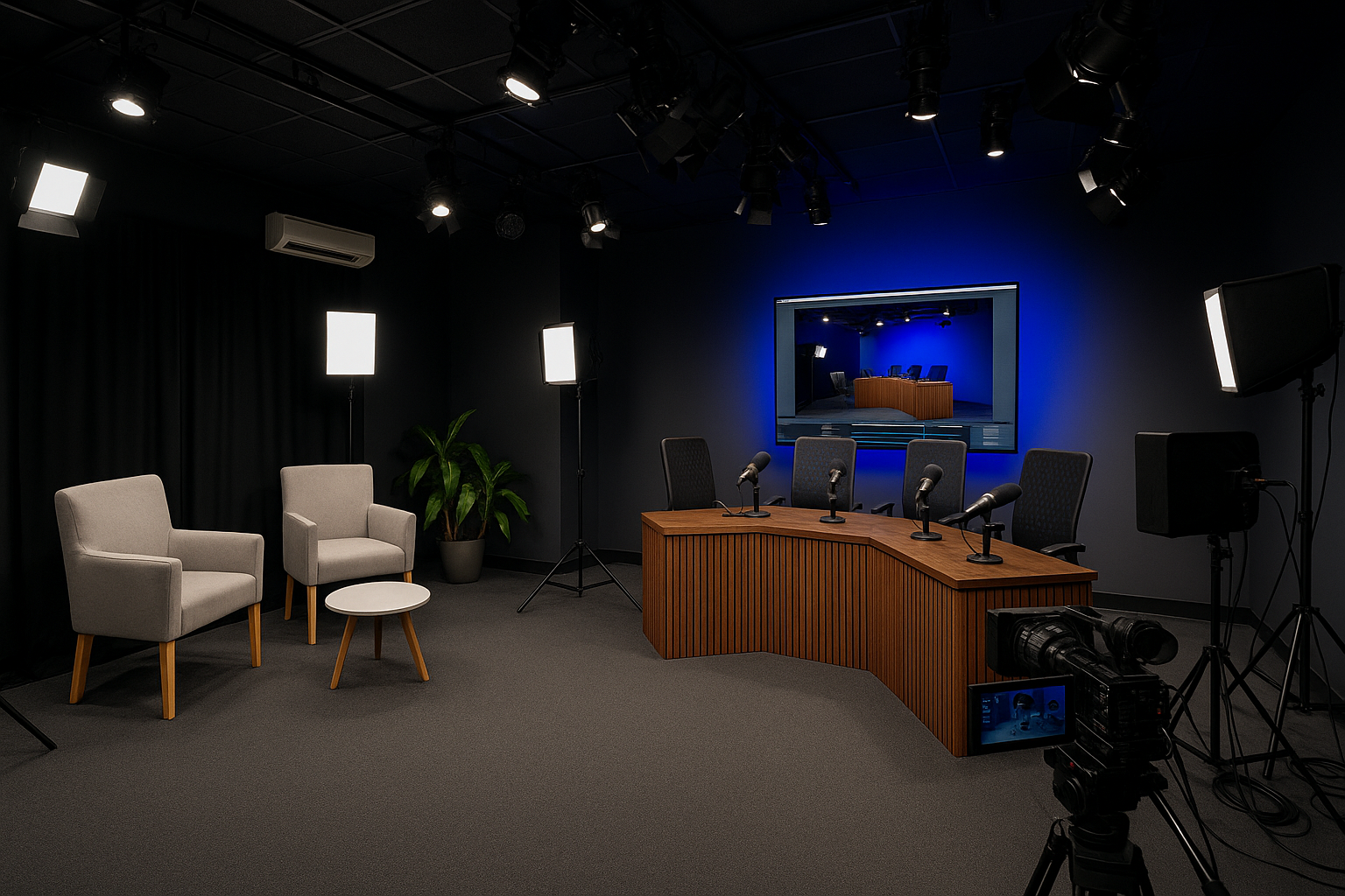 Estudio profesional de podcast y entrevistas con mesa de madera, sillas ejecutivas, micrófonos profesionales, iluminación LED y pantalla de fondo para grabaciones corporativas