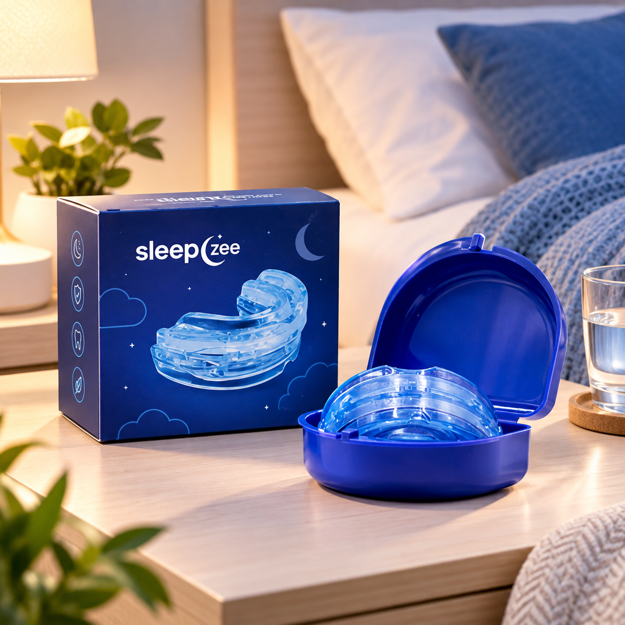 Person preparing to wear a SleepZee mouthpiece in a calm bedroom