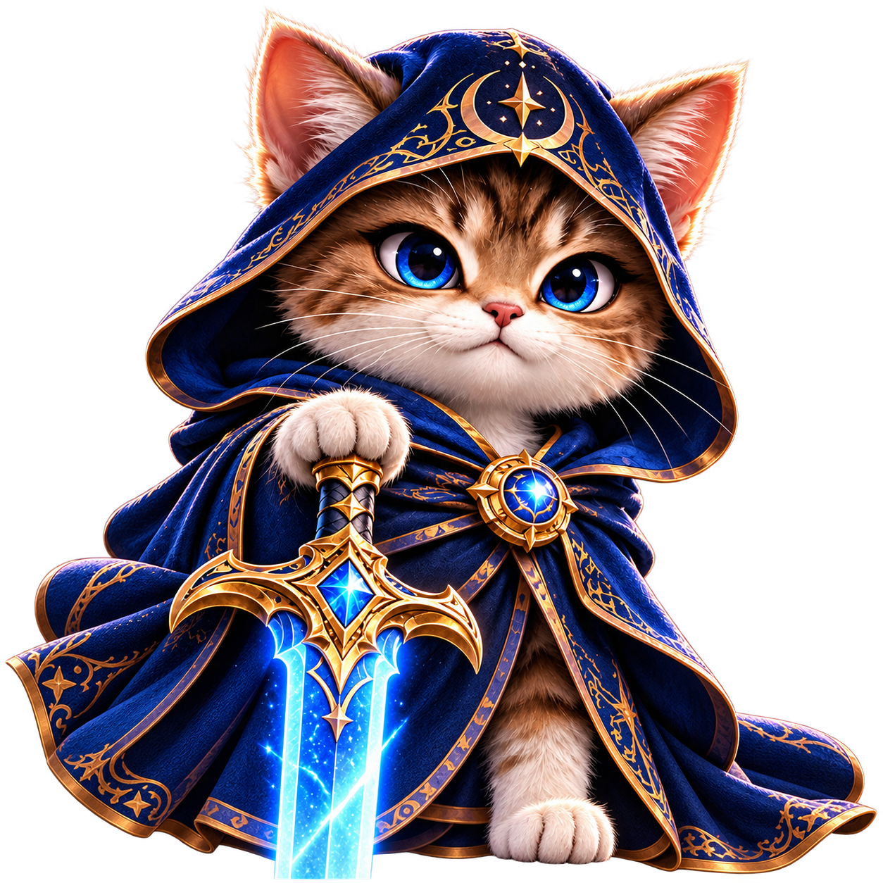 Sageblade Cat, a blue-eyed tabby oracle in a midnight-blue and gold robe, wielding a glowing electric-blue sword