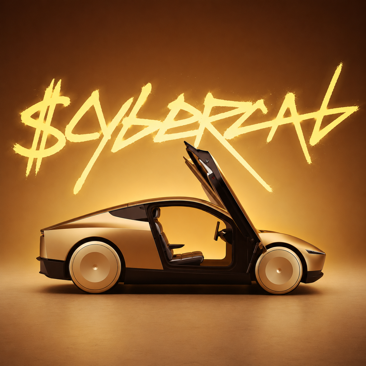 Golden cybercab with CYBERCAB lettering