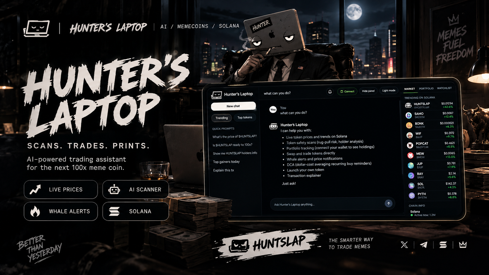 Hunter at the laptop in a neon city