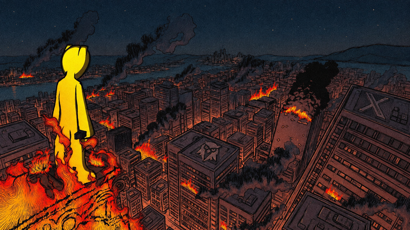 A yellow figure overlooking a burning illustrated city at night