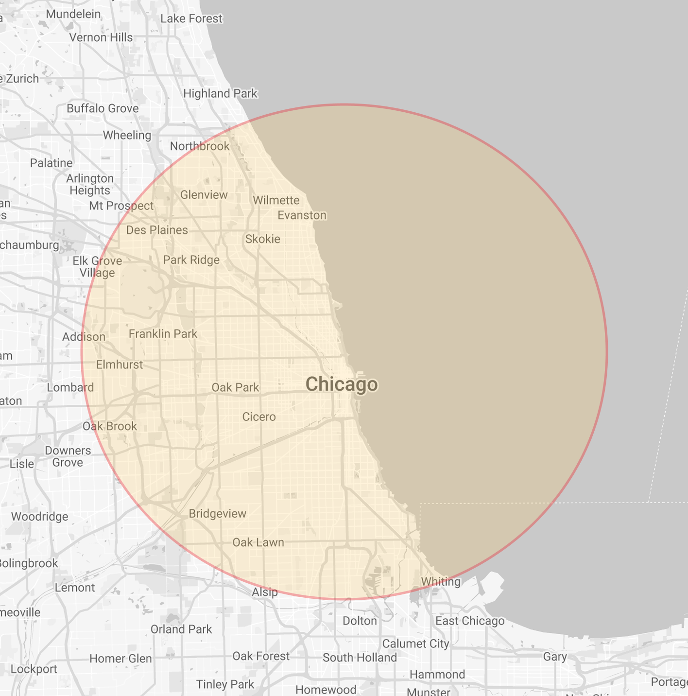 Chicago service area map showing coverage radius across the greater Chicago metropolitan area