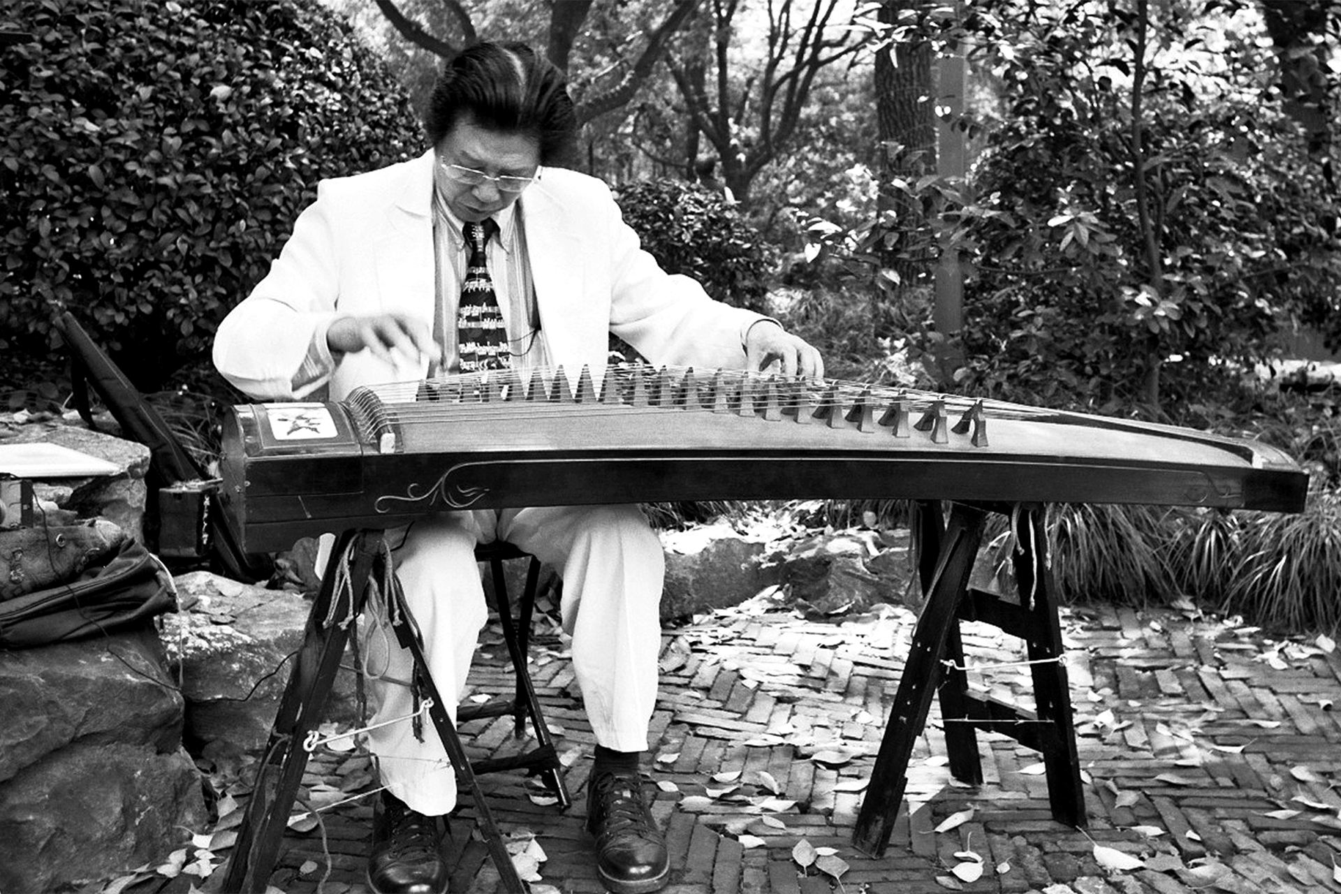 Man in white suit playing traditional Chinese zither guzheng instrument outdoors