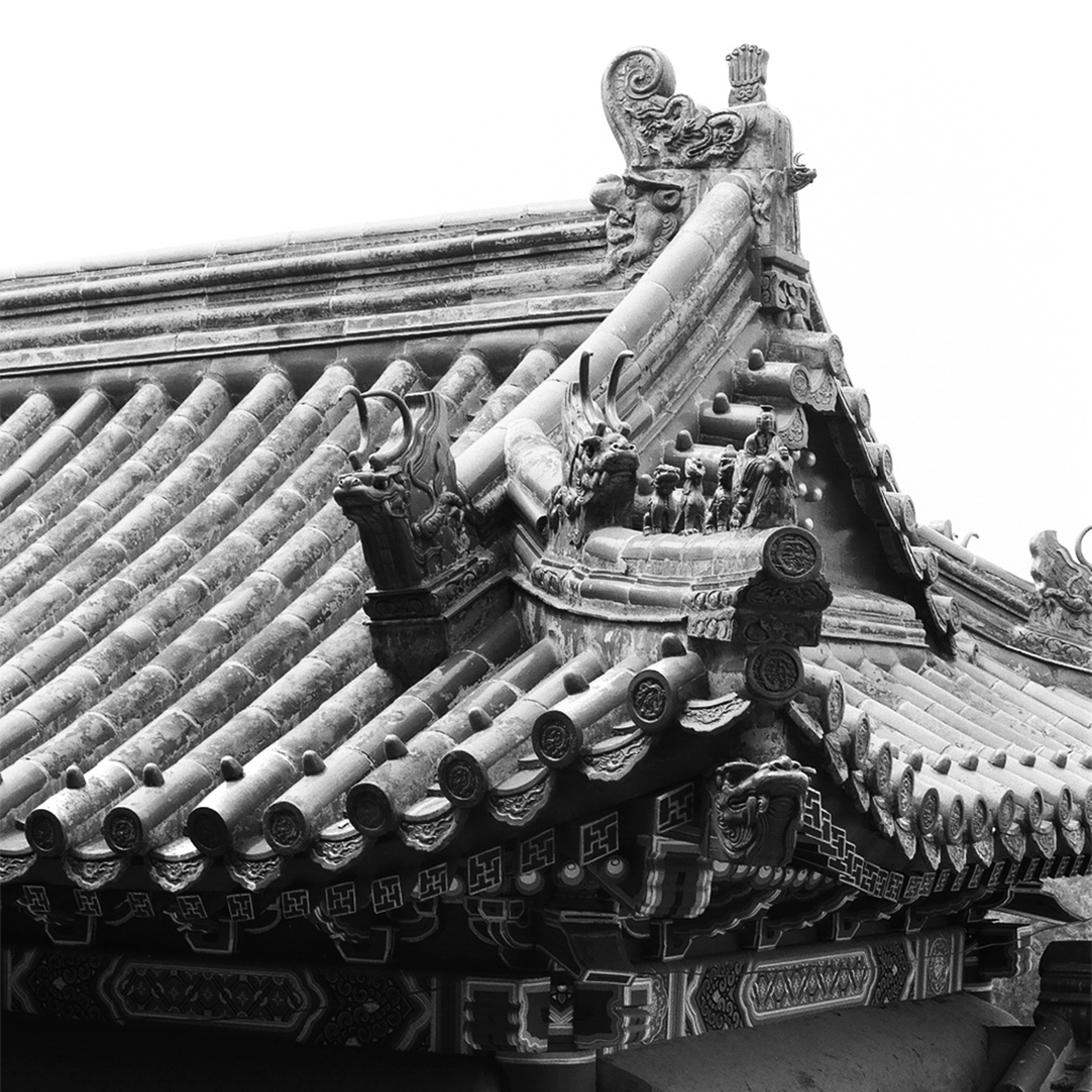 Traditional Chinese roofline with elaborate curved eaves and ornamental details