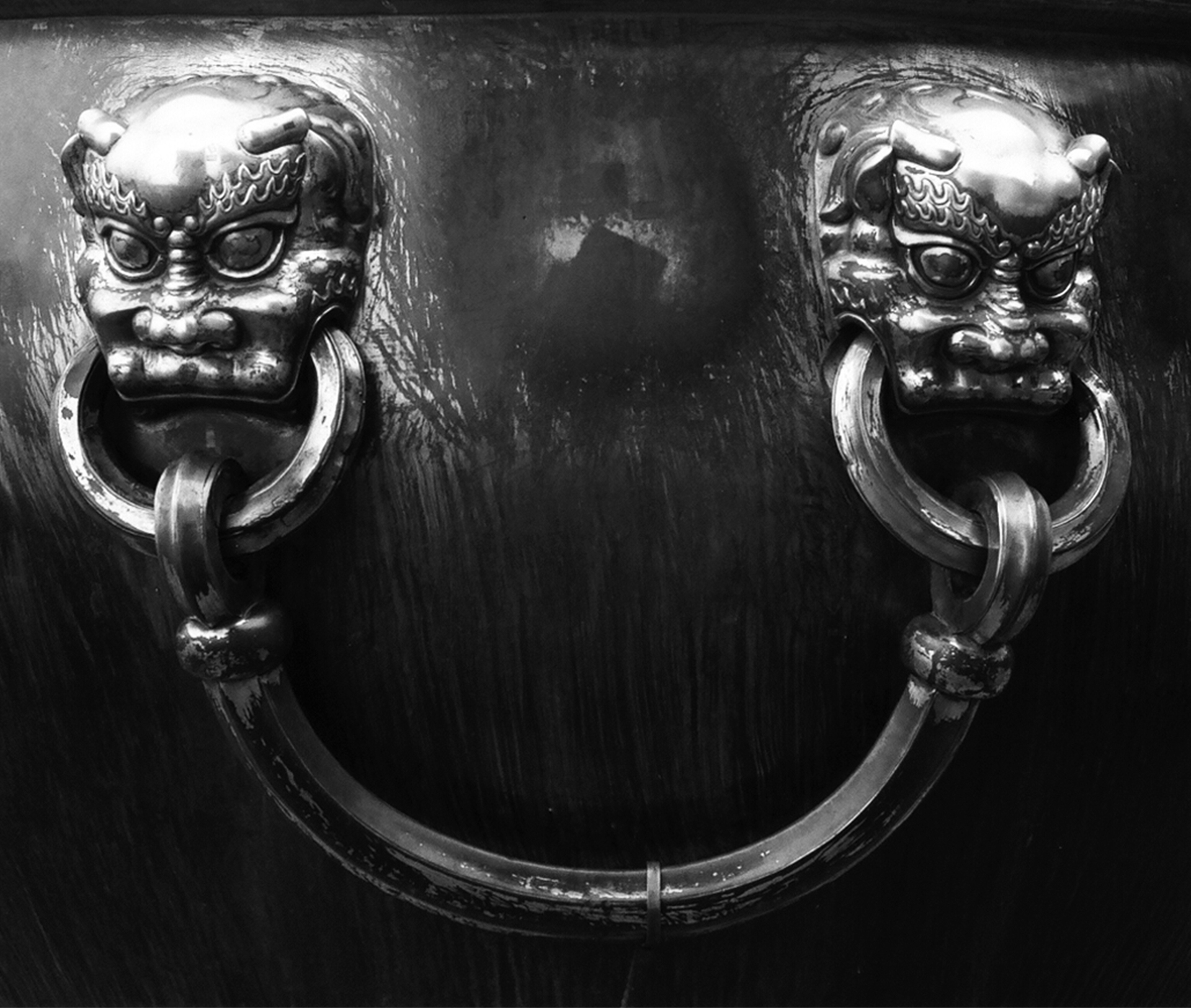 Ornamental metal door knockers shaped like foo dogs with ring handles on dark wood