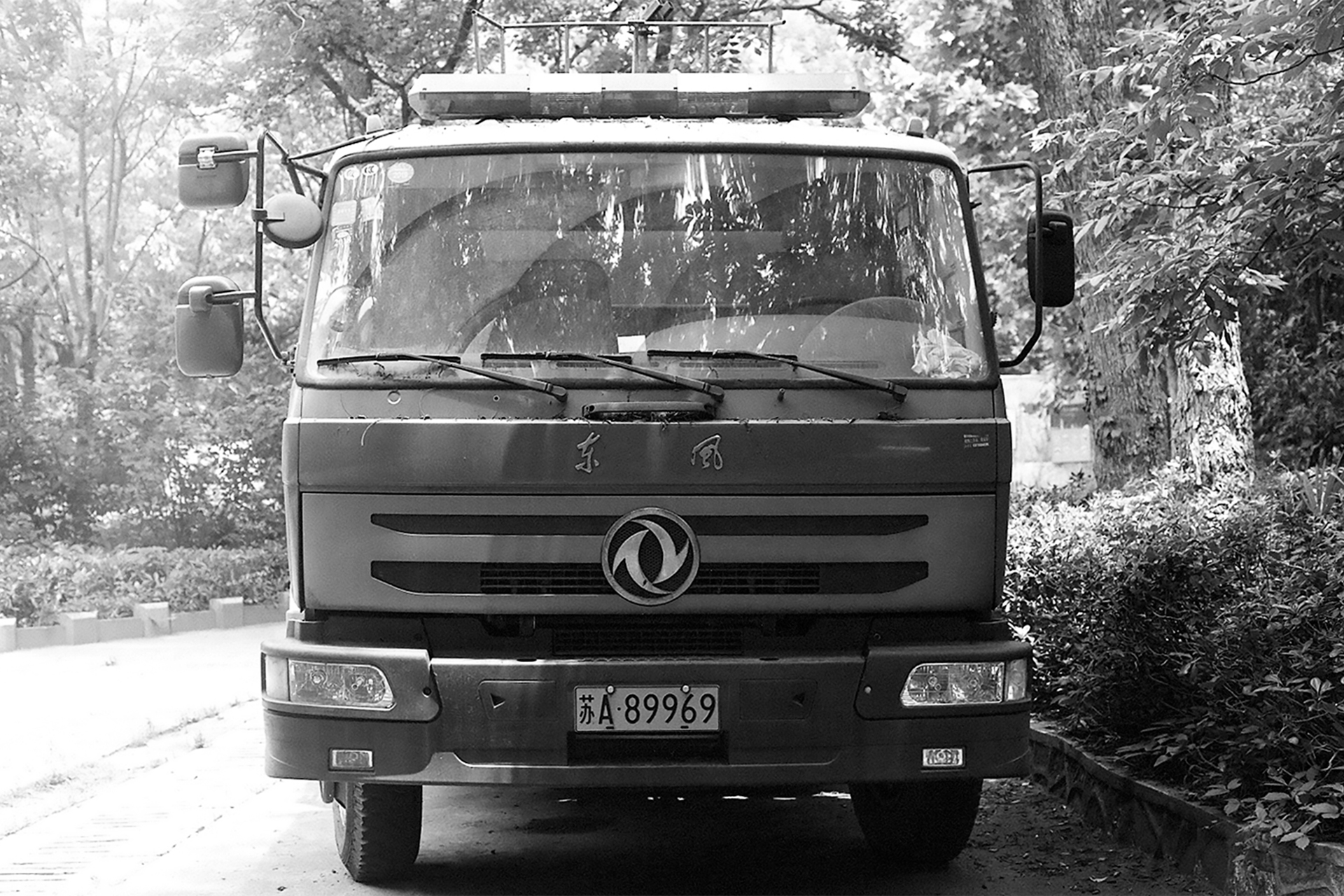 Front of vintage truck with Chinese characters on hood in forested mountain setting with dark side mirrors