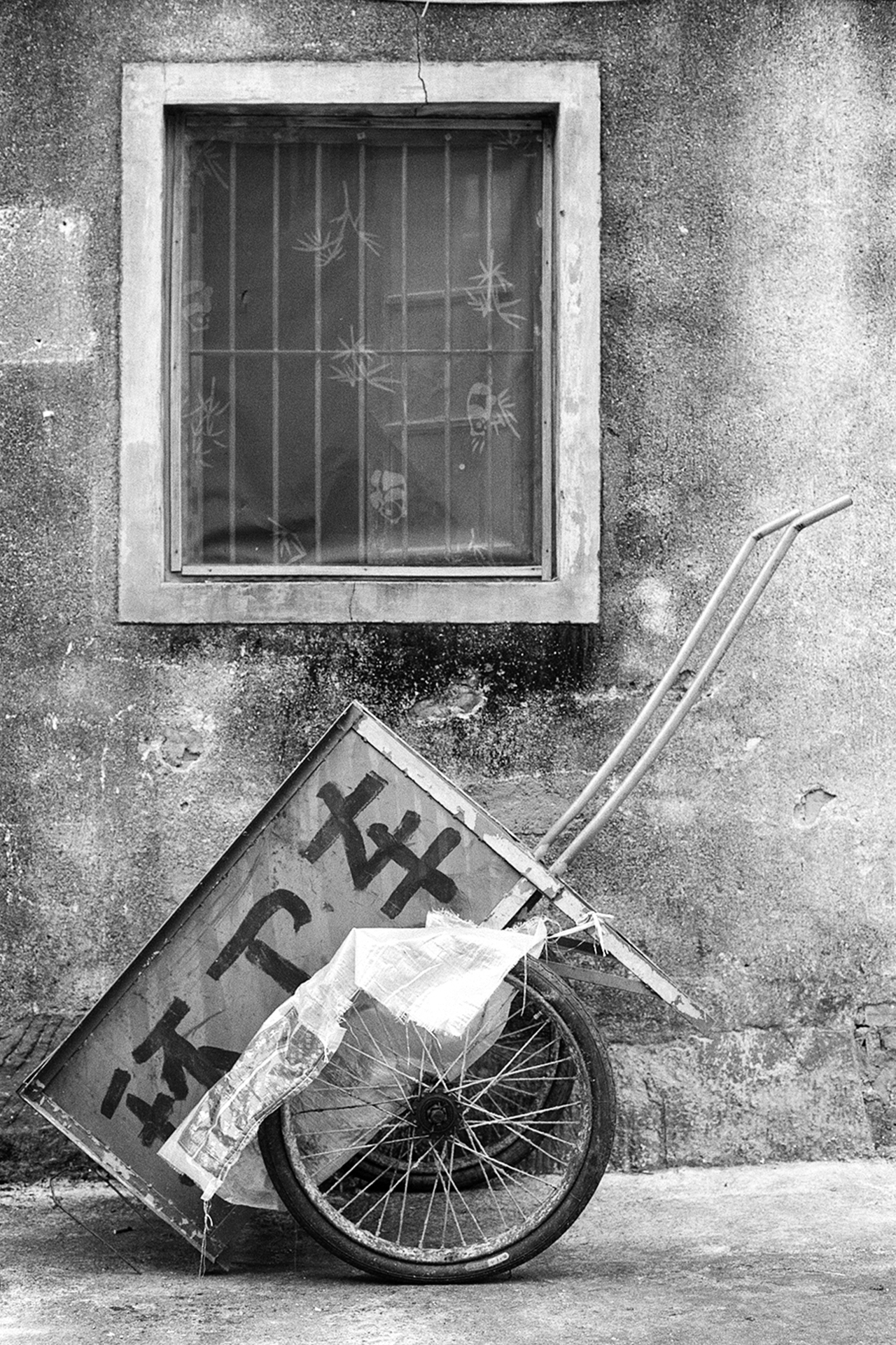 Weathered window with barred lattice showing bamboo plants with bicycle wheel and sign in foreground