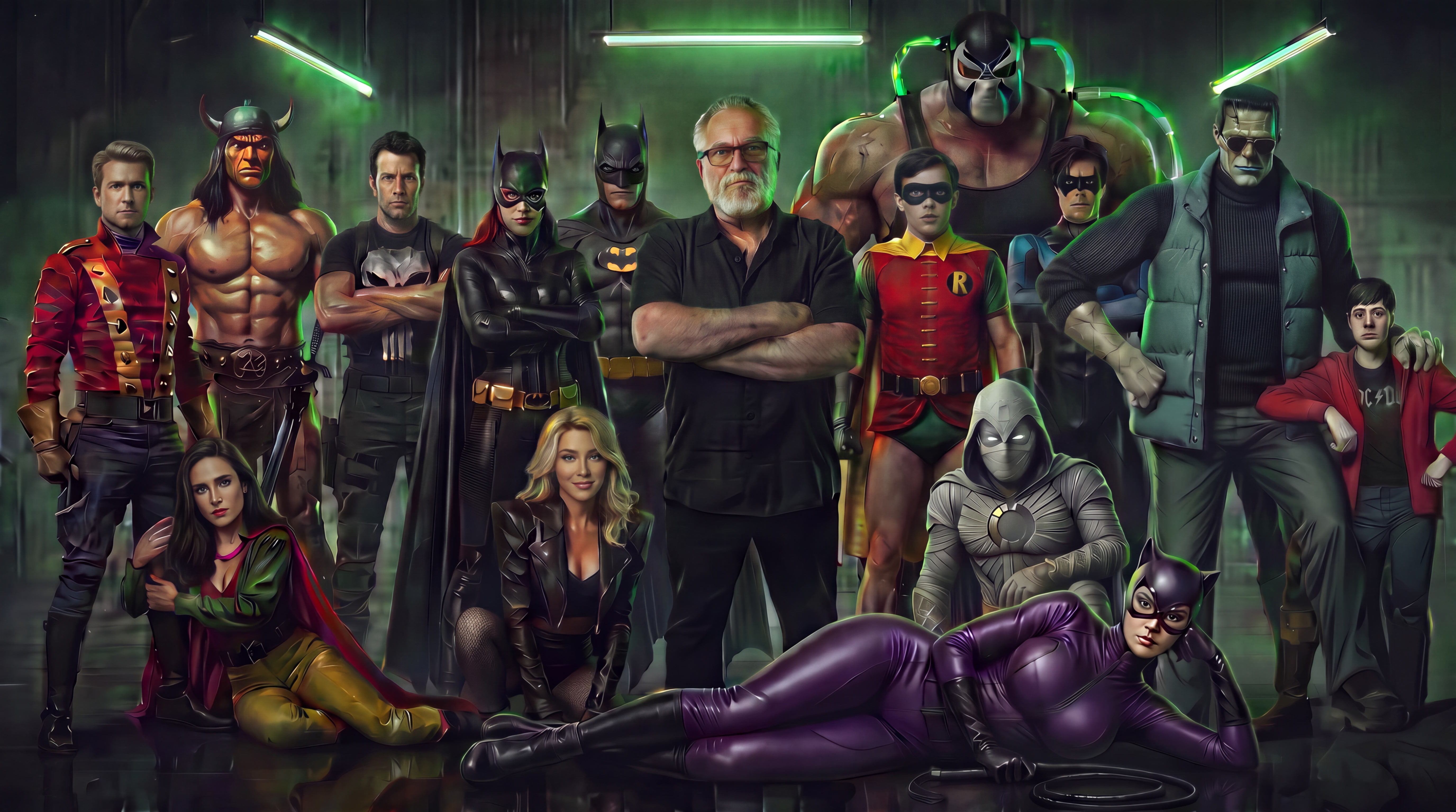 Chuck Dixon surrounded by a colorful ensemble of comic book heroes and characters