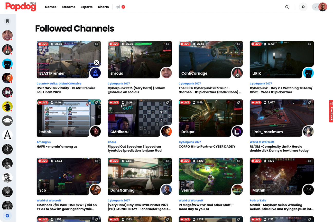Popdog Followed Channels - Live streams grid view