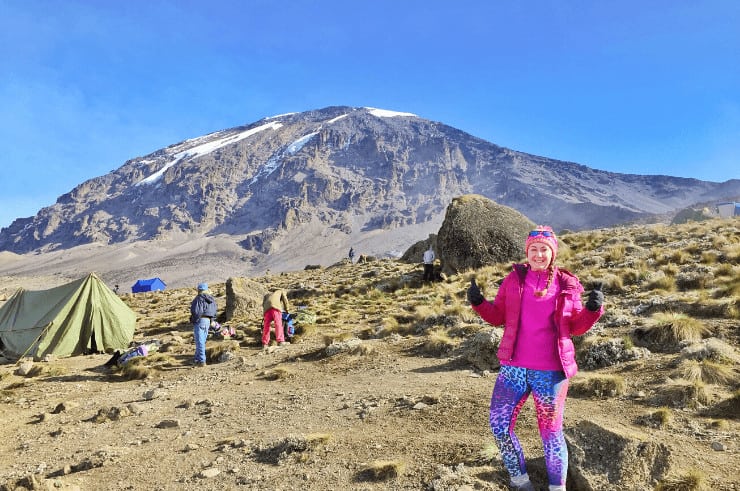 Camping on Mount Kilimanjaro with a view of the summit
