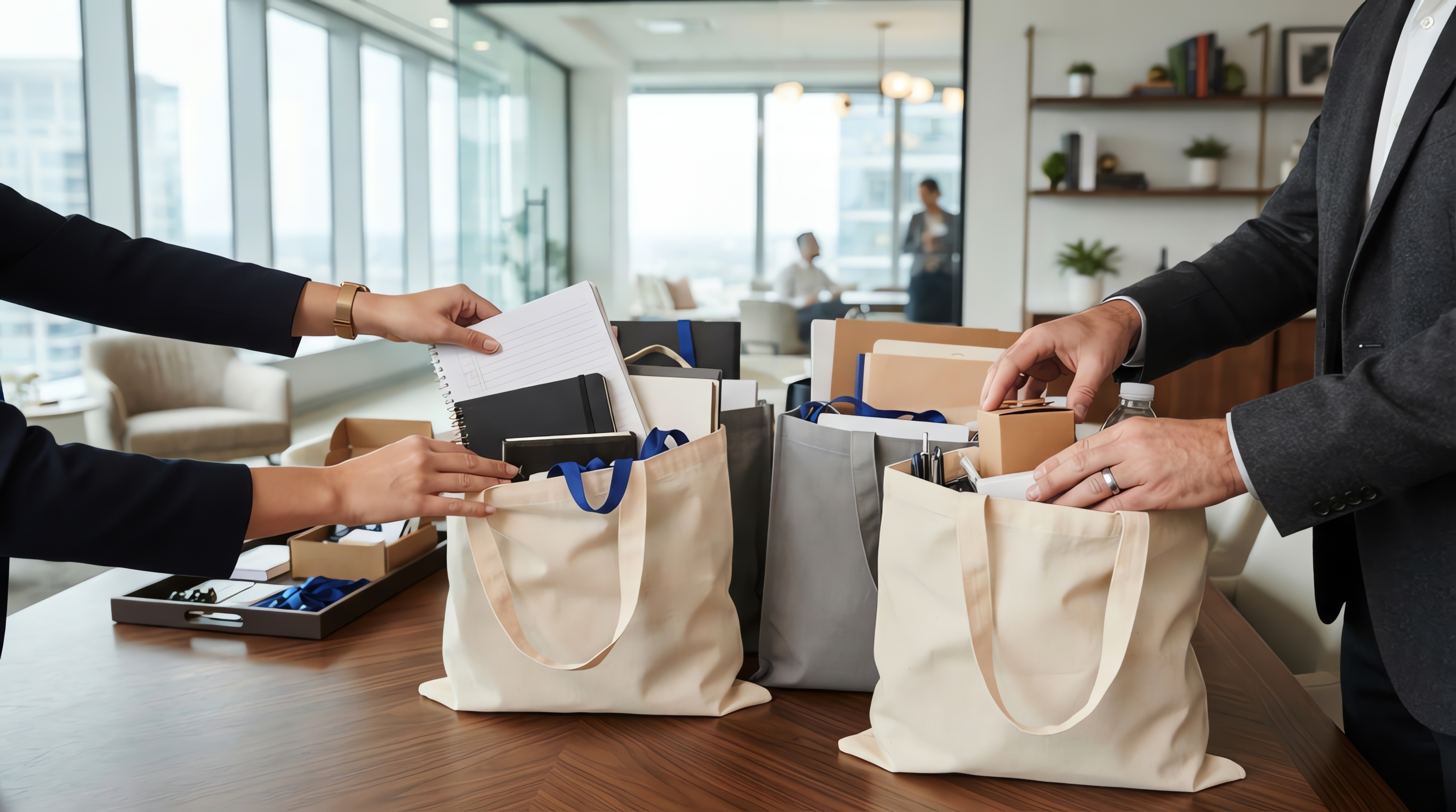 Geschäftsführer packen Büromaterial in Canvas-Taschen