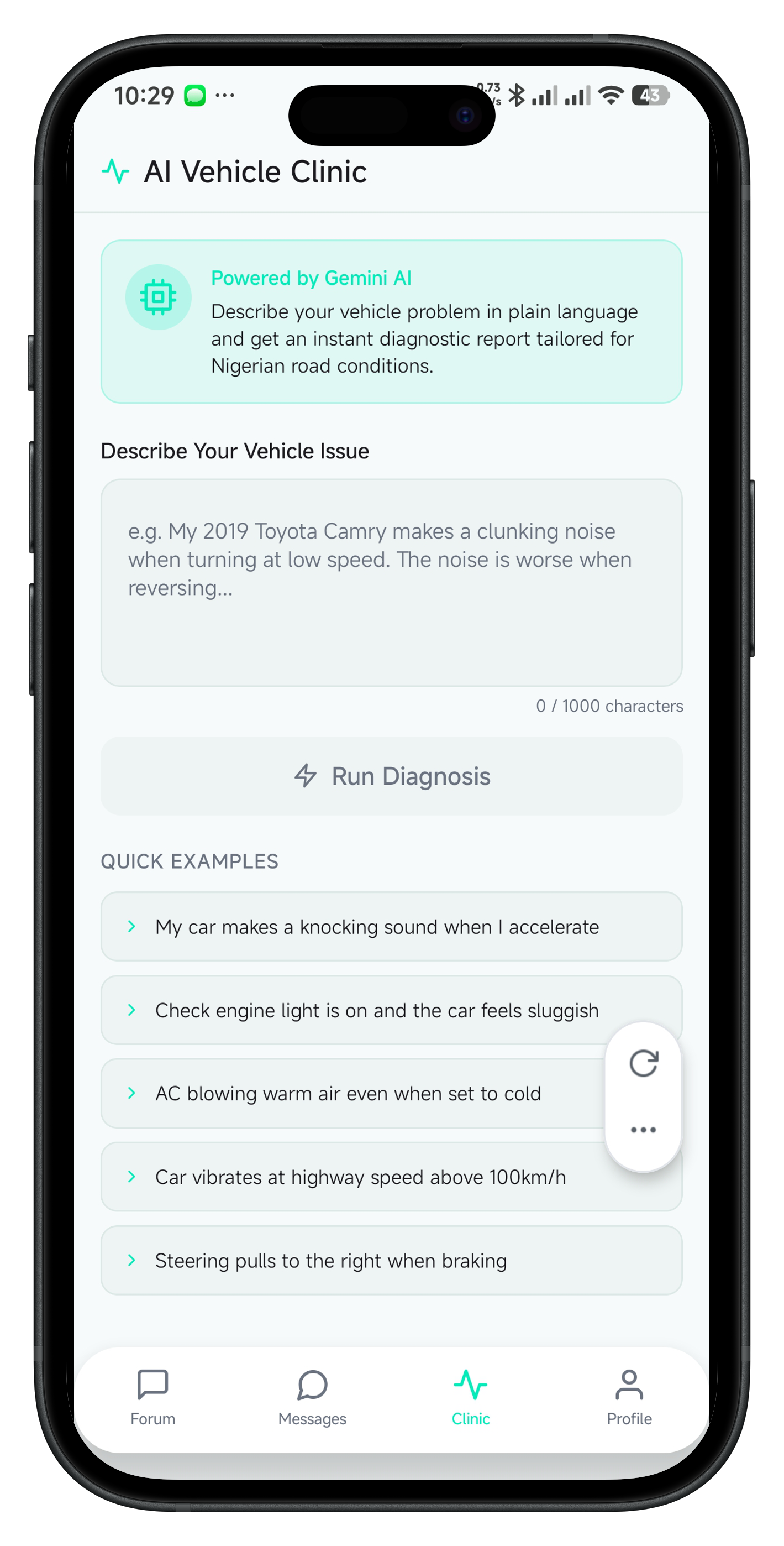 CocheTalk AI Vehicle Clinic screen