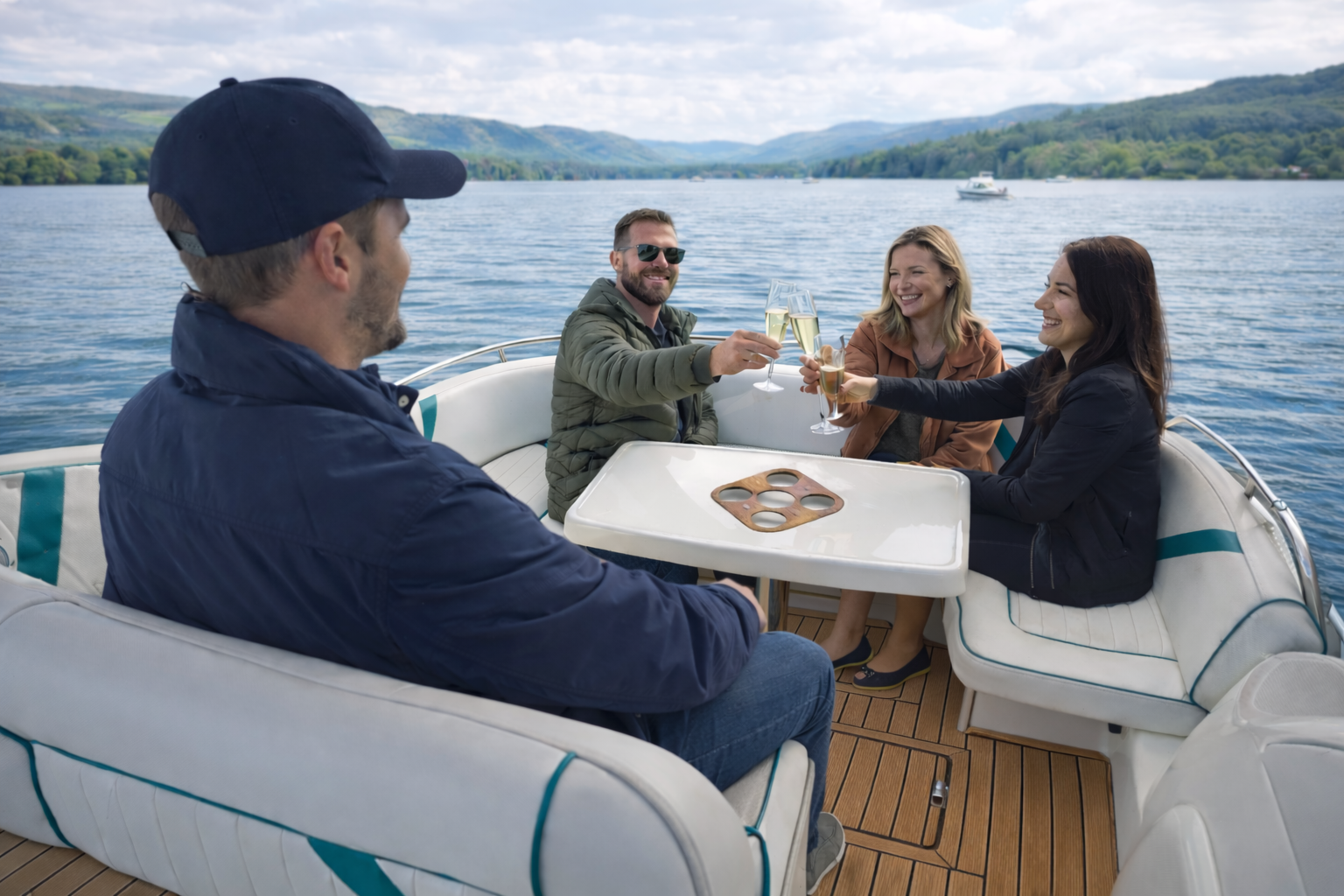 Four friends toasting with champagne around the cockpit table of the Sealine on Windermere