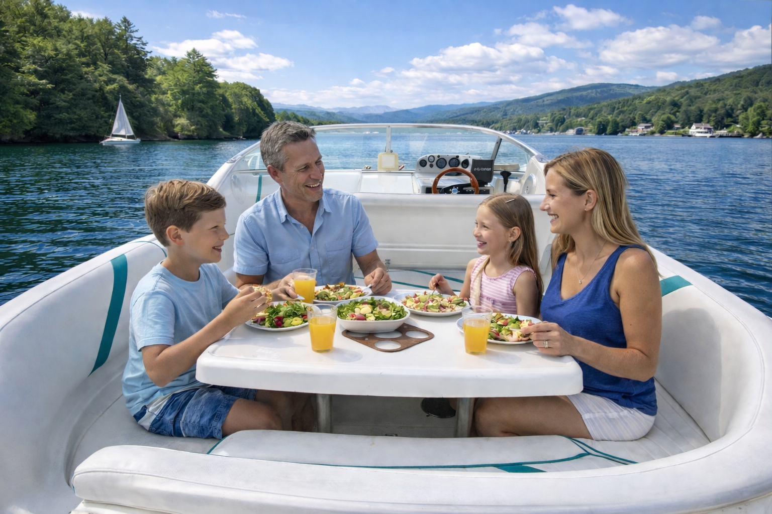 A family enjoying lunch together in the cockpit of the Sealine on Windermere