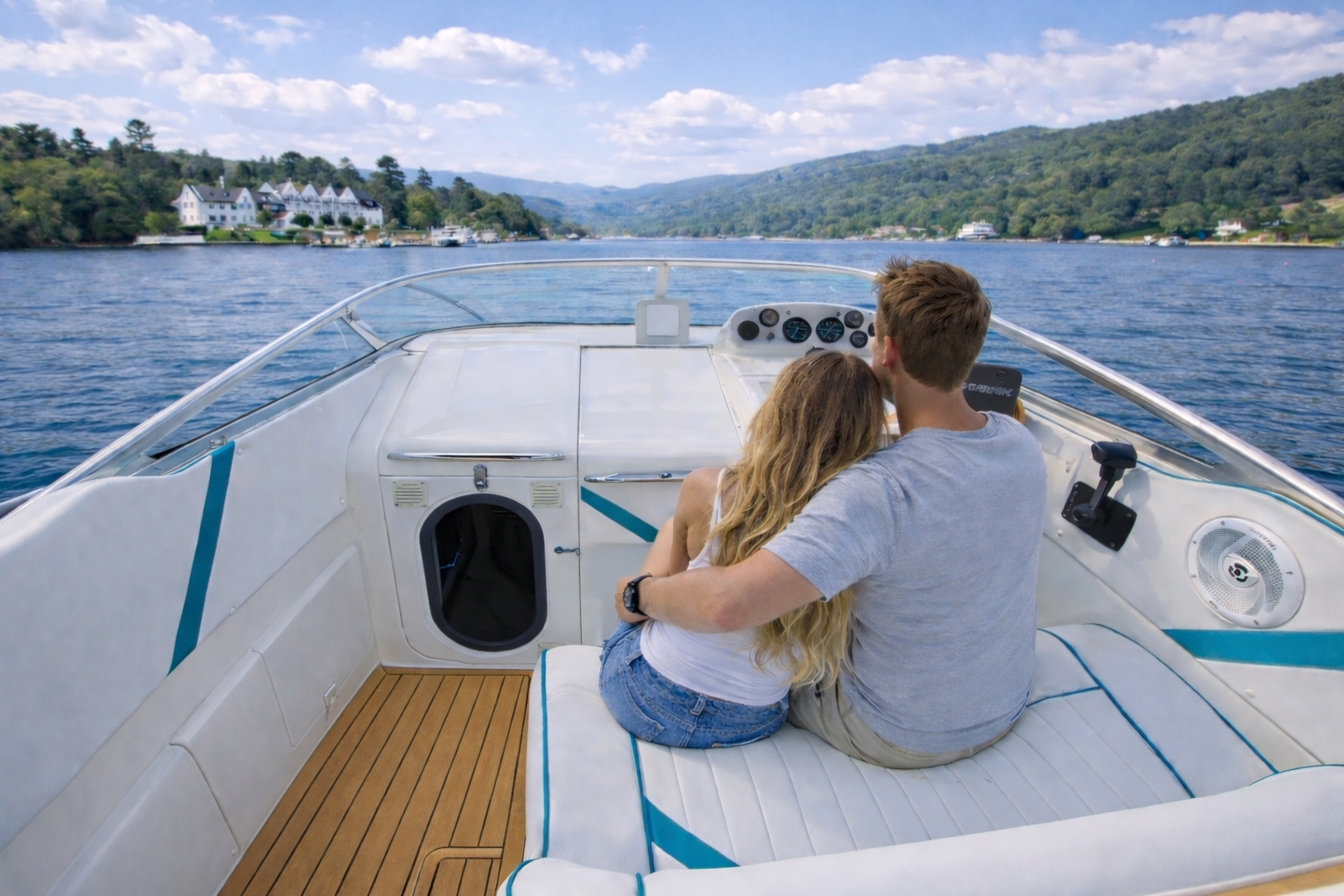 A couple relaxing at the helm watching the Lake District scenery