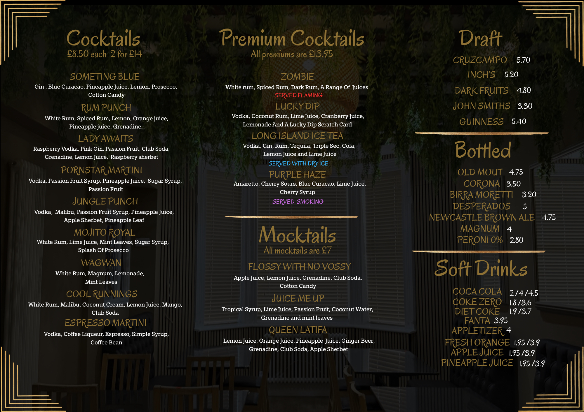 Cocktails and Drinks Menu - Cocktails, Premium Cocktails, Mocktails, Draft, Bottled and Soft Drinks