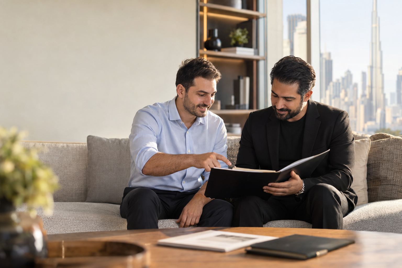 Business partners reviewing a folder together against the Dubai skyline