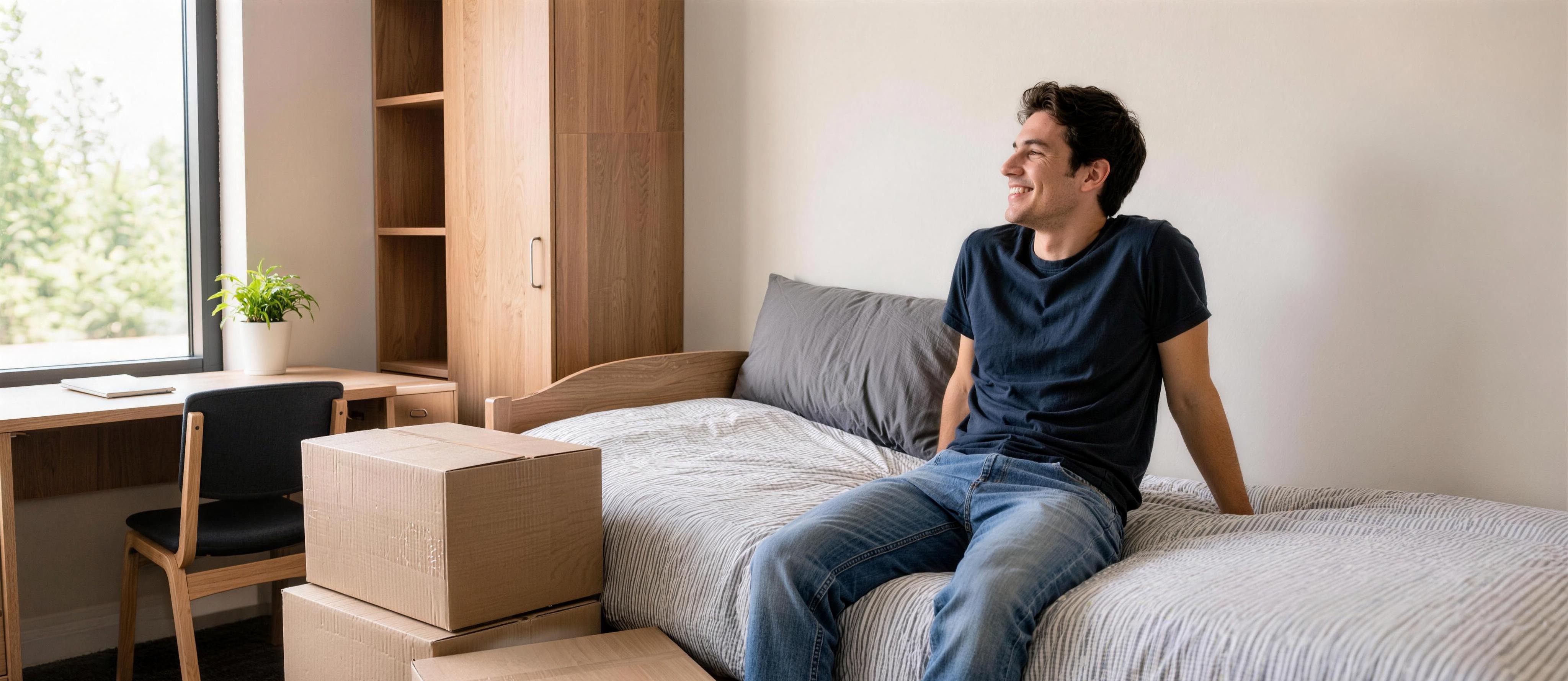 Student entspannt sich im Studentenzimmer nach dem Umzug
