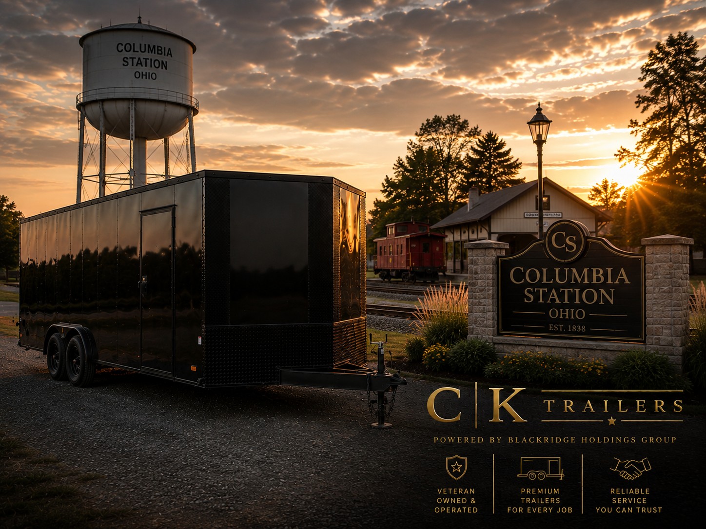 Black CK Trailers enclosed trailer parked near the Columbia Station Ohio Est. 1838 sign, water tower, and historic train depot at sunset