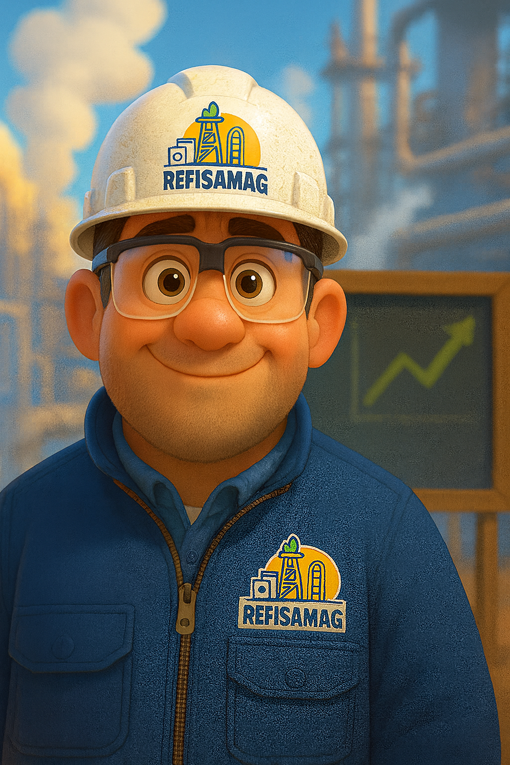 Personaje animado trabajador REFISAMAG con casco y uniforme azul