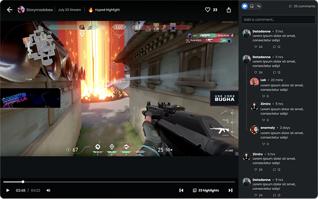 Stream highlight player showing Valorant gameplay with Hyped Highlight tag and comments panel