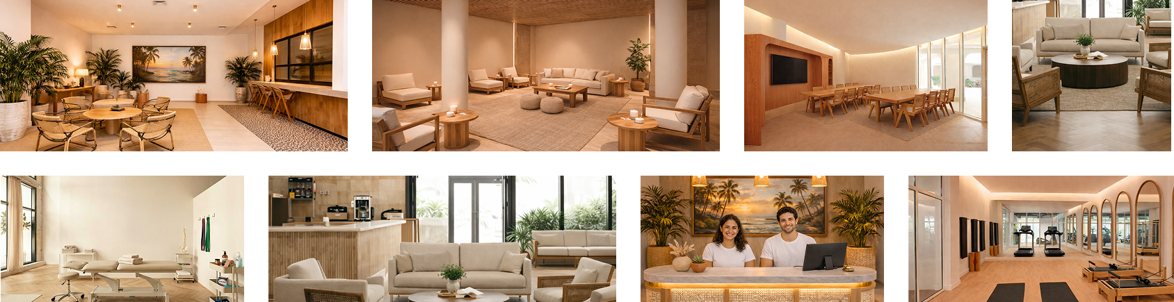 Common spaces at Caresma - dining areas, lounges, meeting rooms, spa, reception, and fitness center