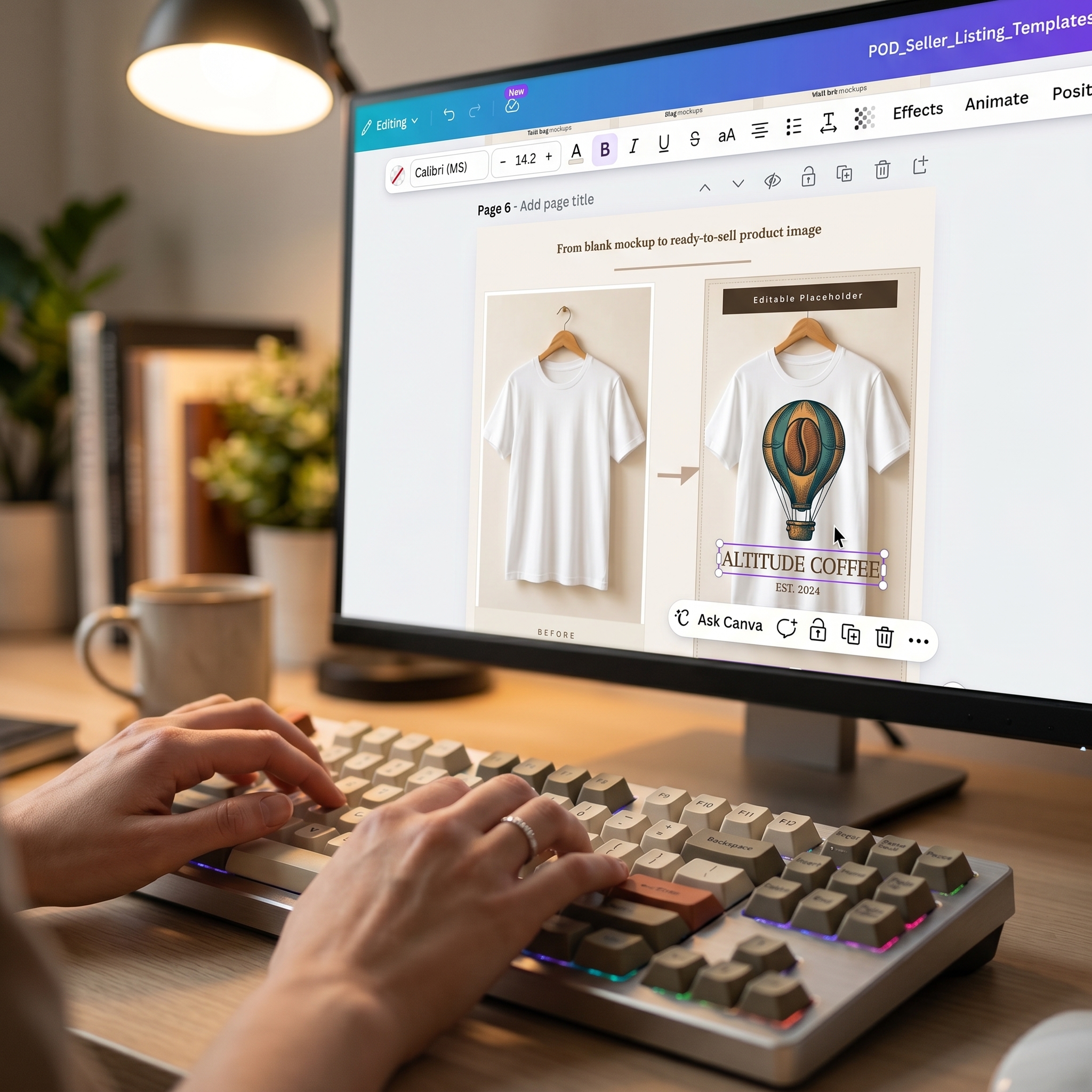 Editing POD listing templates in Canva - hands on keyboard with design interface showing t-shirt mockup customization