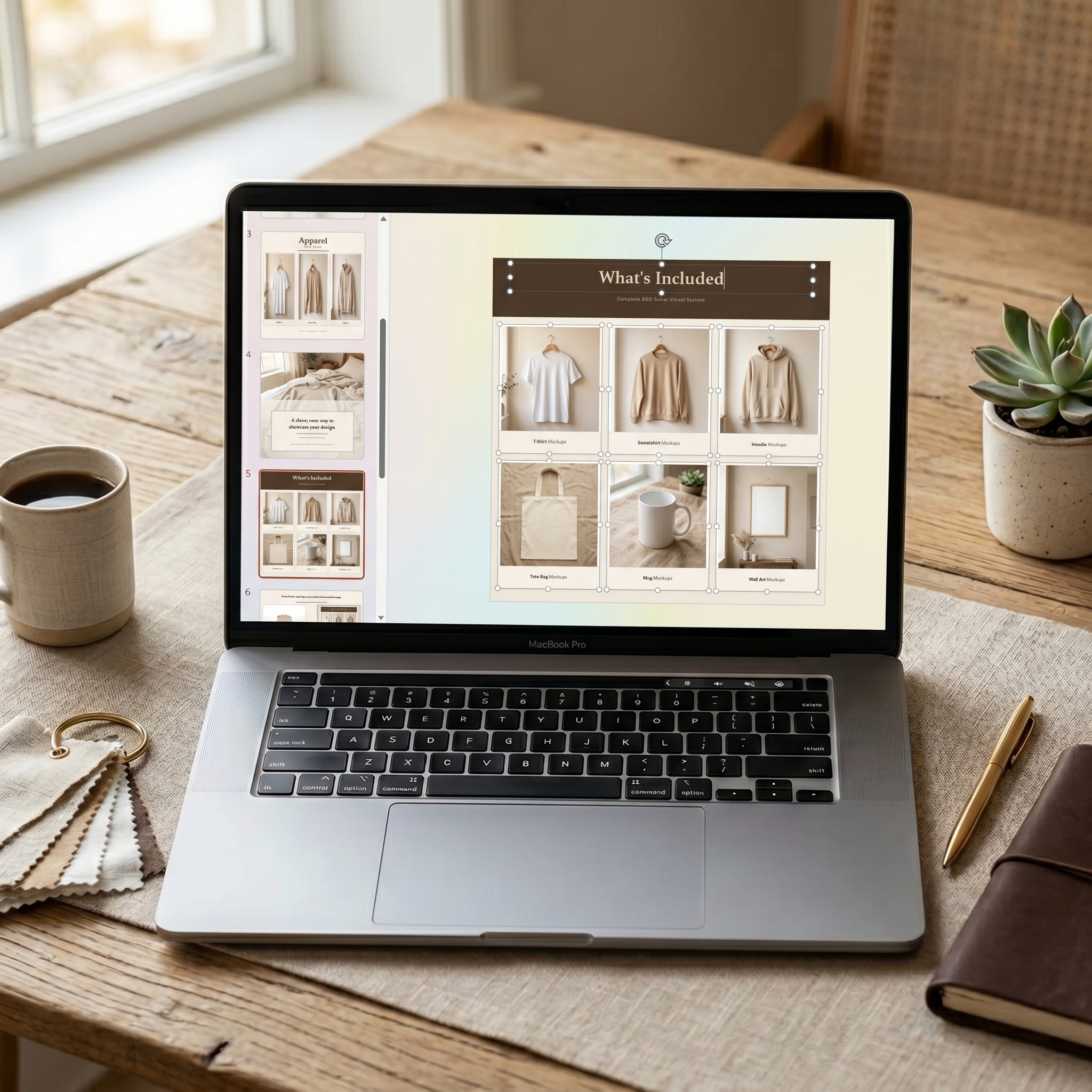 POD Seller Visual System templates in PowerPoint - MacBook showing What's Included slide with mockup categories