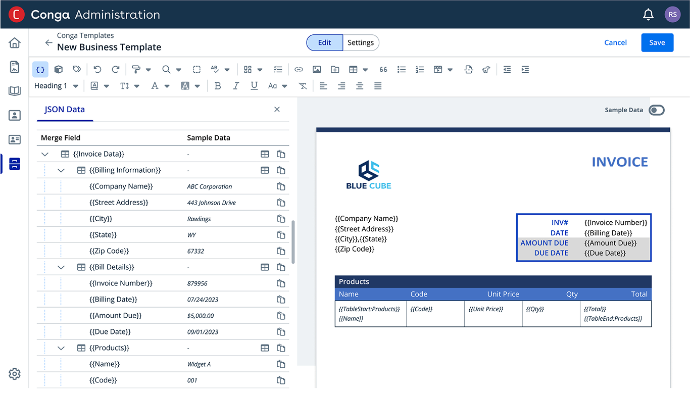 Template Editor - Visual merge field mapping with live preview