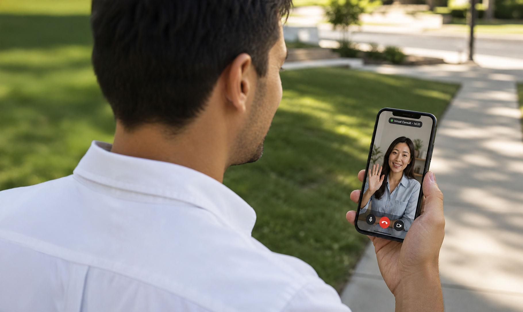 Person using phone for video call outdoors