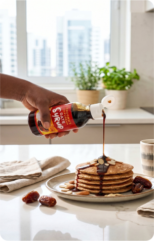 Date syrup being poured on pancakes