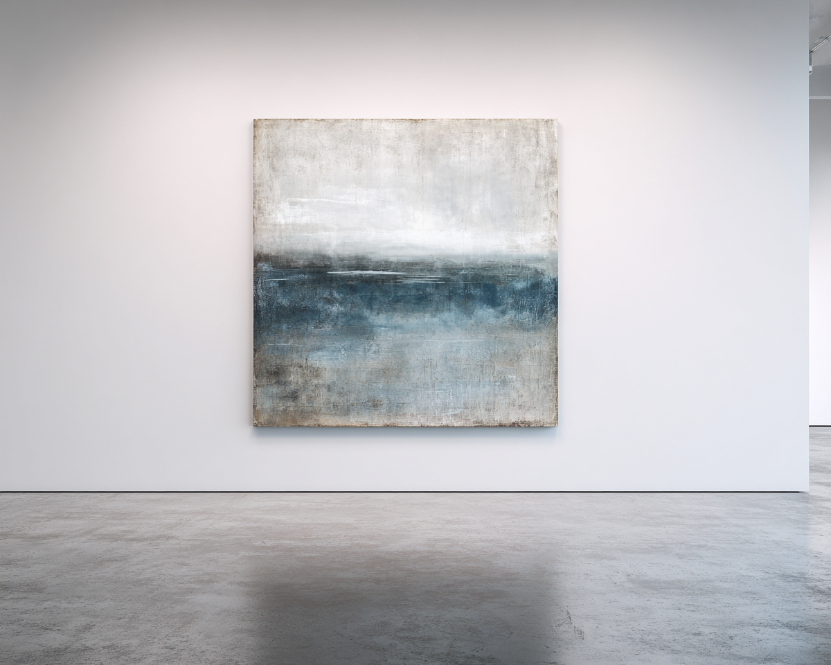 Square piece with white-grey sky and dramatic deep blue-grey ocean