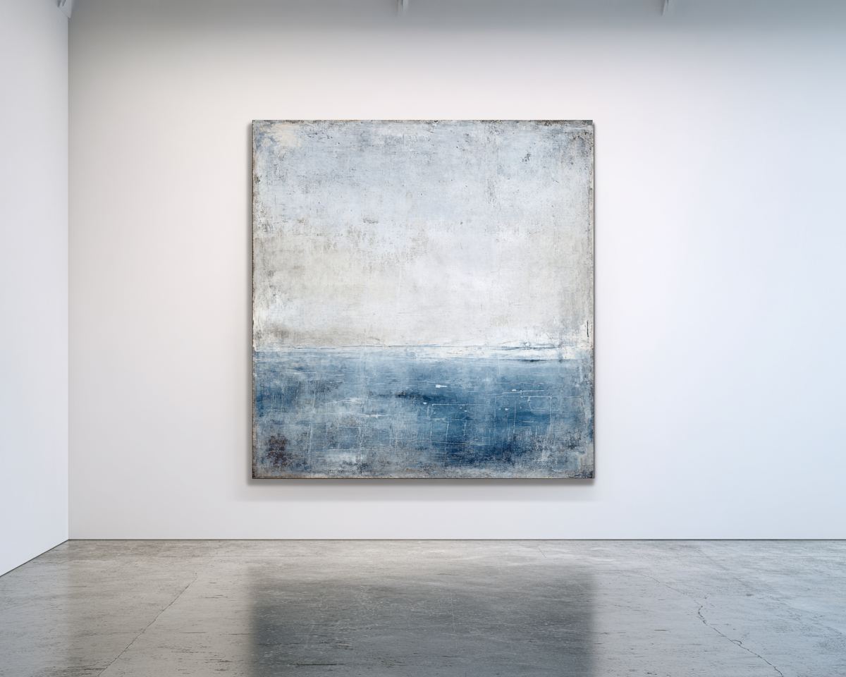 Square abstract with deep blue ocean bottom and atmospheric grey-white sky