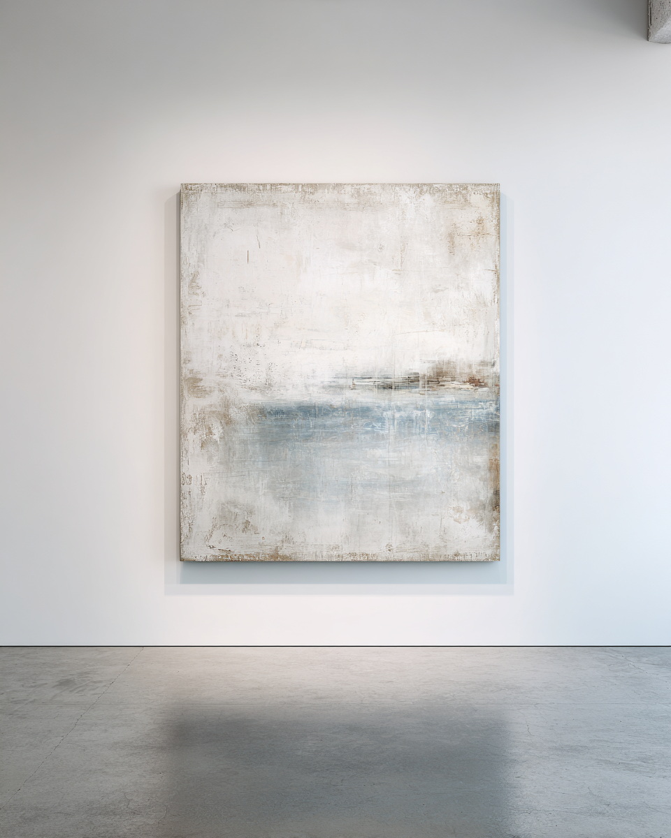 Vertical portrait format with cream-white top and soft blue-grey water