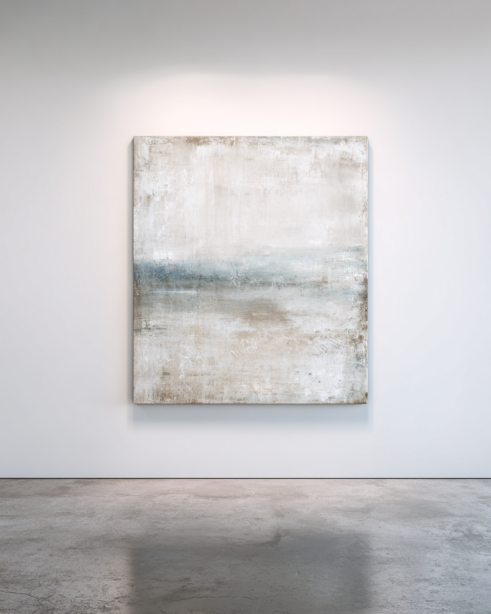 Square abstract with cream top, subtle blue horizon, and taupe bottom