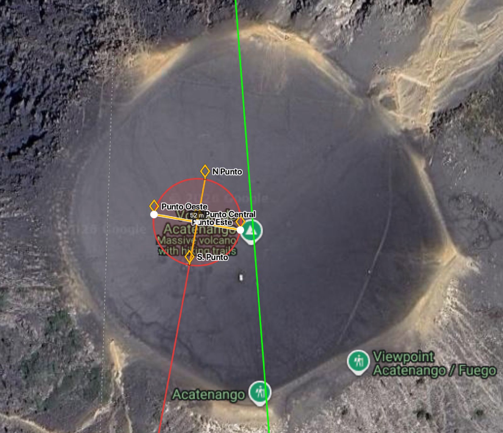 SUPERSTAR I - Satellite view of Volcán Acatenango crater with GPS coordinates and planning overlay