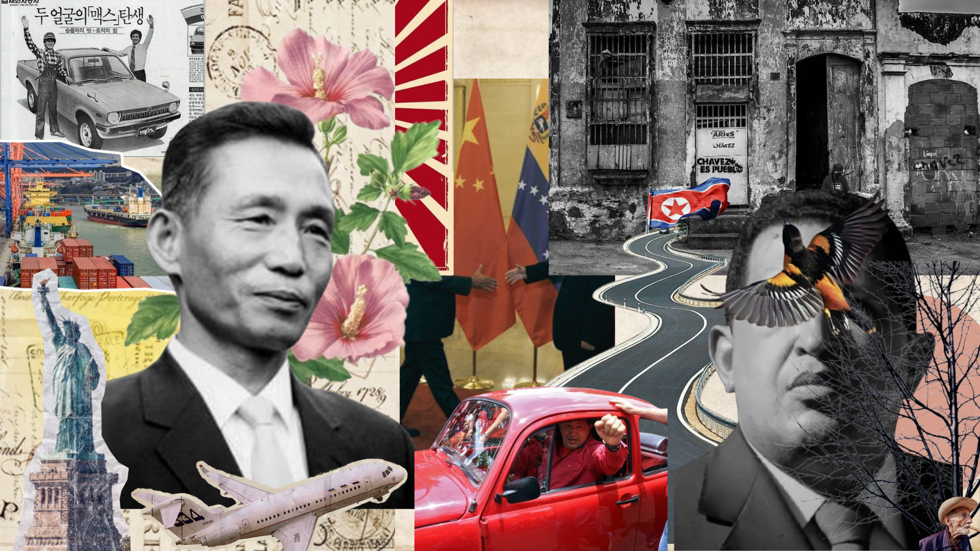 Historical collage featuring political and cultural elements from different eras