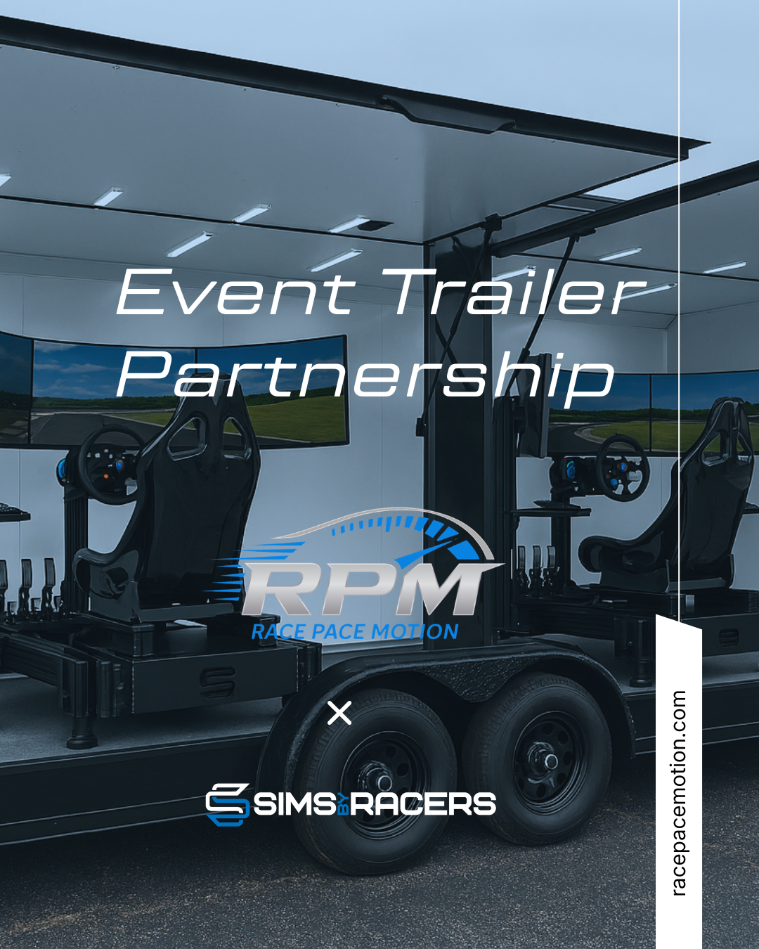 Race Pace Motion x Sims by Racers Event Trailer Partnership - Interior view showing dual 3DOF sim rigs