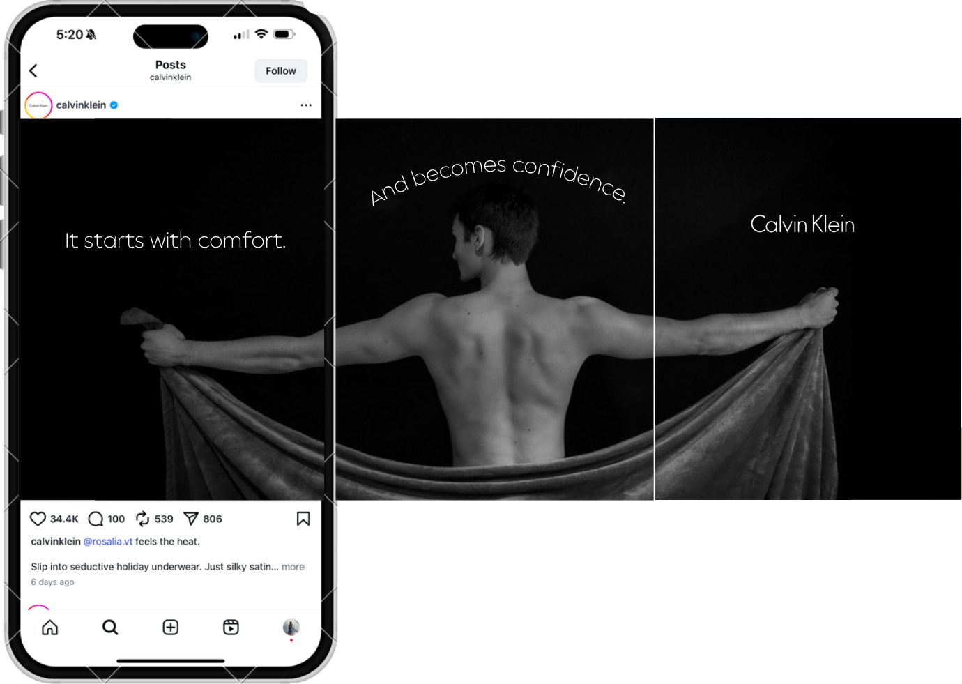 Calvin Klein Instagram carousel mockup - It starts with comfort, and becomes confidence
