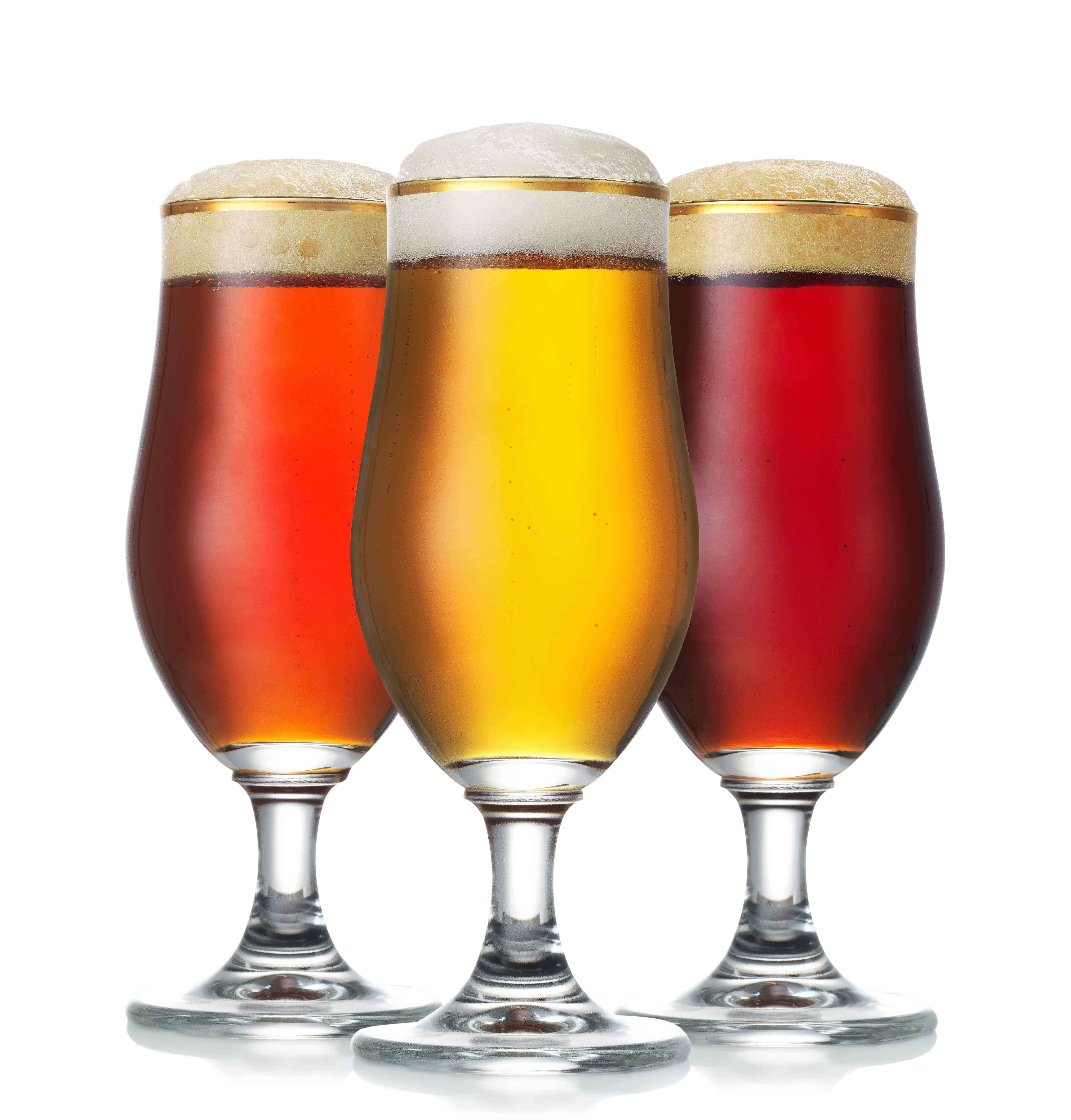 A lineup of foamy craft beers ranging from amber to gold