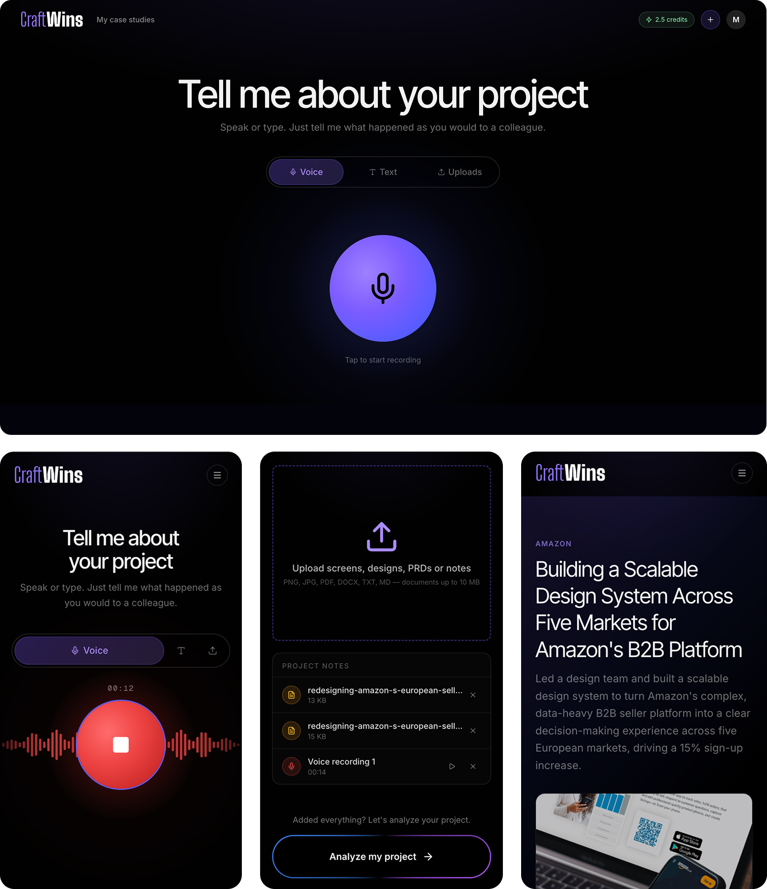 CraftWins app interface showing voice recording, file upload, and case study generation features