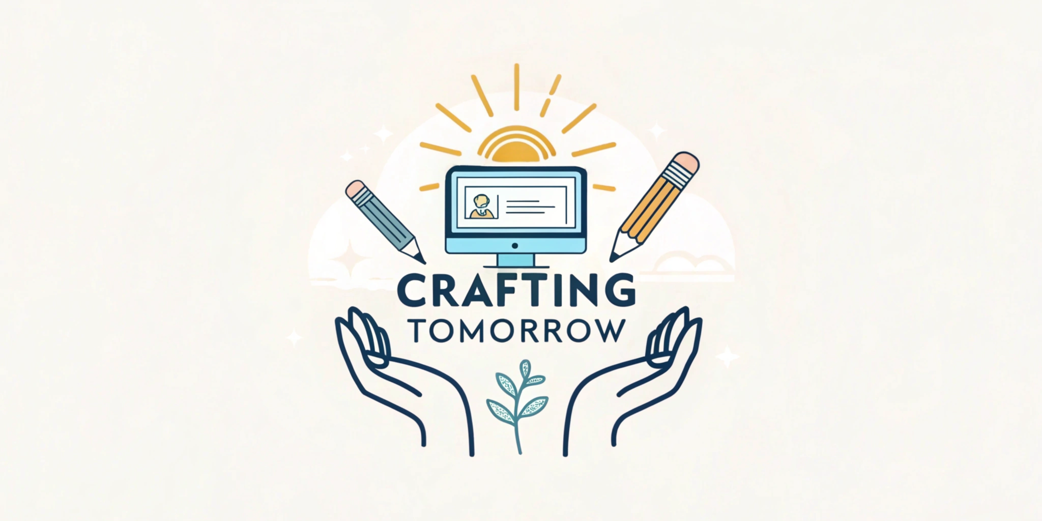 Crafting Tomorrow Logo - A computer monitor with sun rays, pencils, and supporting hands with a growing plant