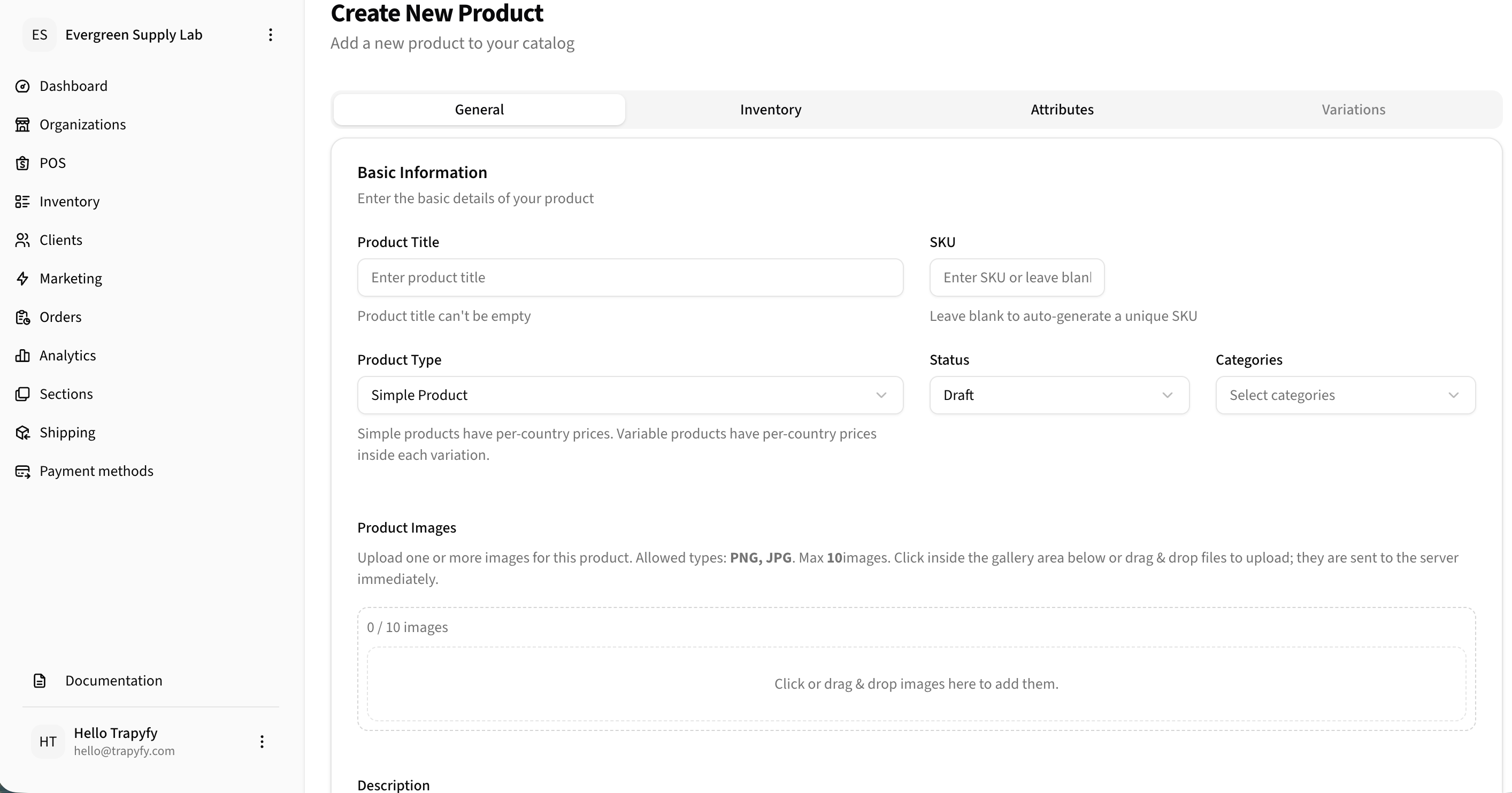 Create New Product form showing the General tab with Basic Information, Product Title, SKU, Product Type (Simple), Status (Draft), Categories, and Product Images upload area