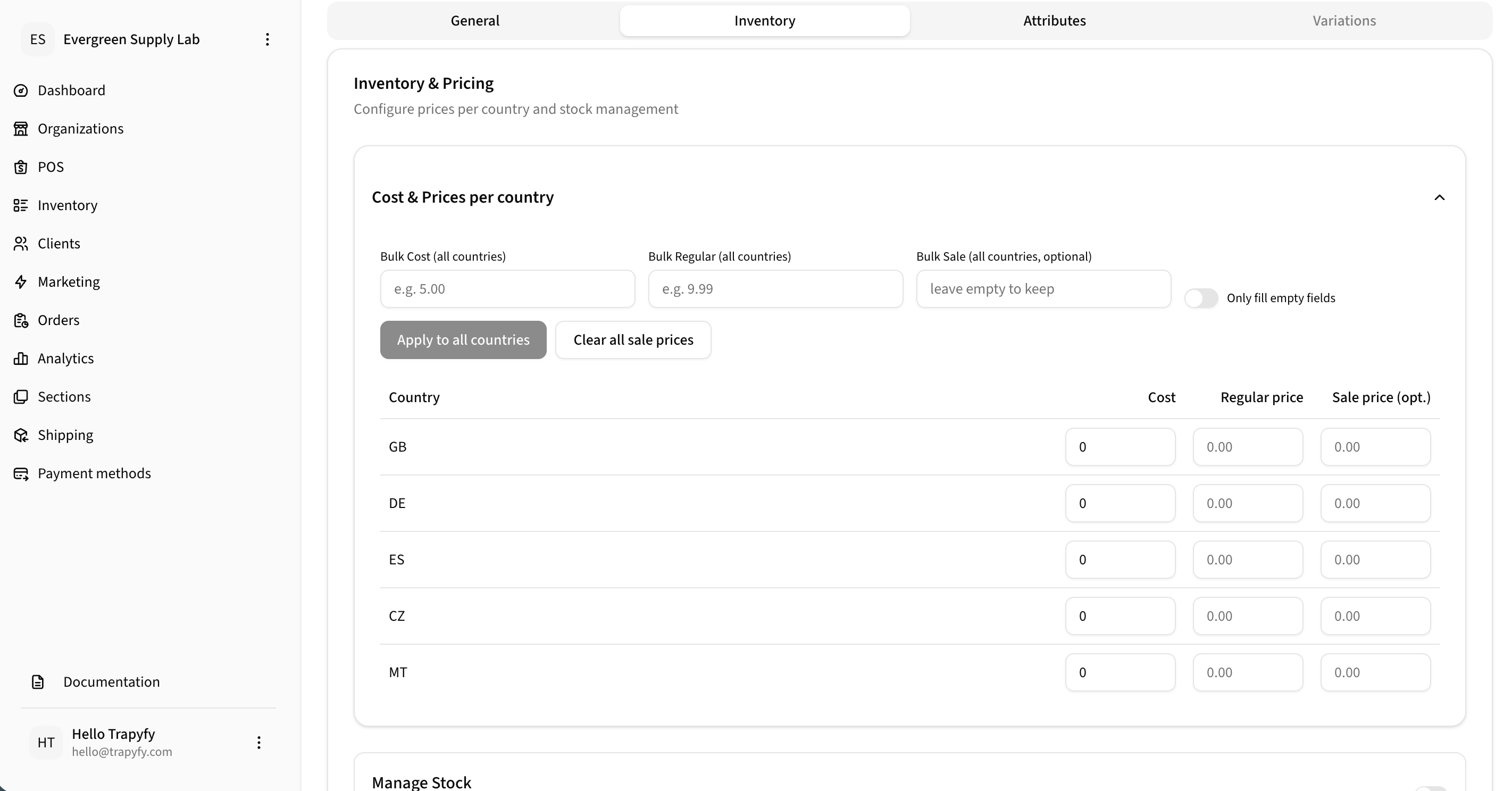 Inventory tab showing Cost and Prices per country section with Bulk Cost, Bulk Regular, Bulk Sale fields, Apply to all countries button, and a country table with GB, DE, ES, CZ, MT rows and Cost, Regular price, Sale price columns
