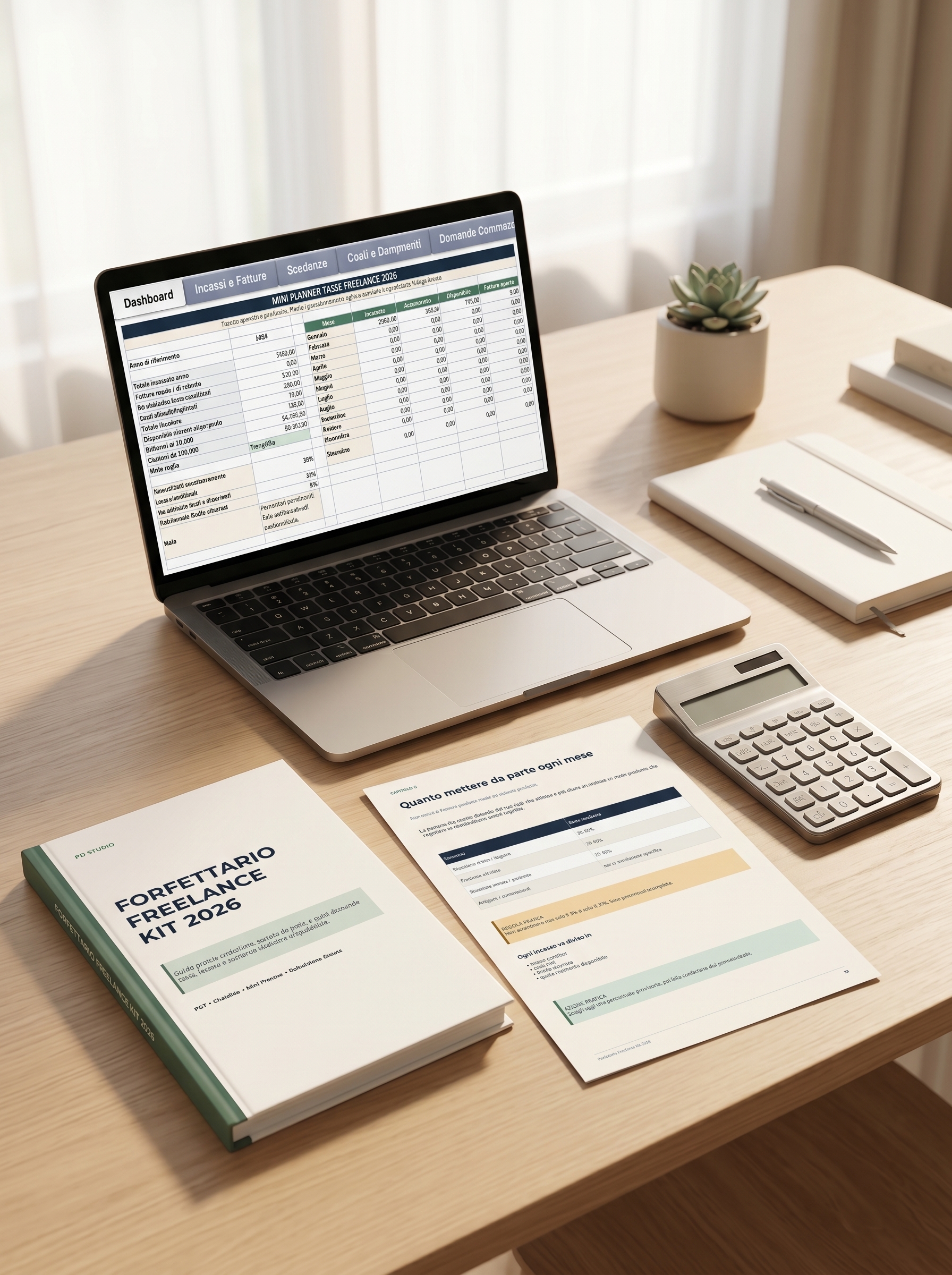 Forfettario Freelance Kit 2026: laptop con Mini Planner Tasse, guida pratica e pagina con grafico accantonamenti