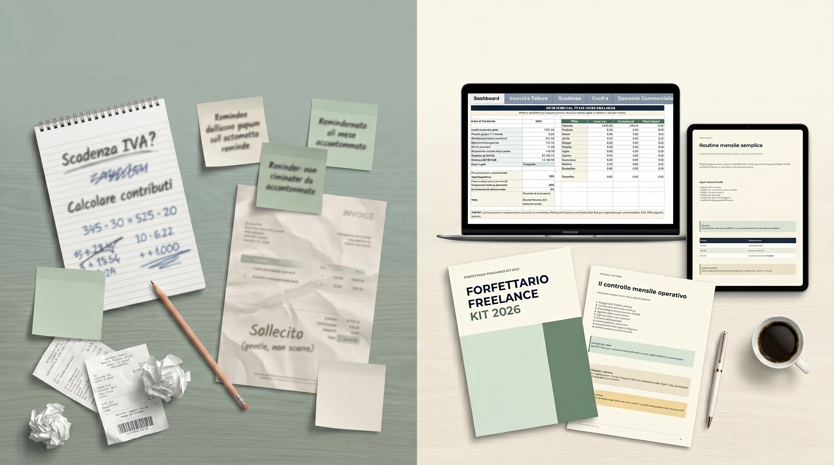 Prima e dopo - Dal caos dei fogli sparsi all'organizzazione con il Forfettario Freelance Kit