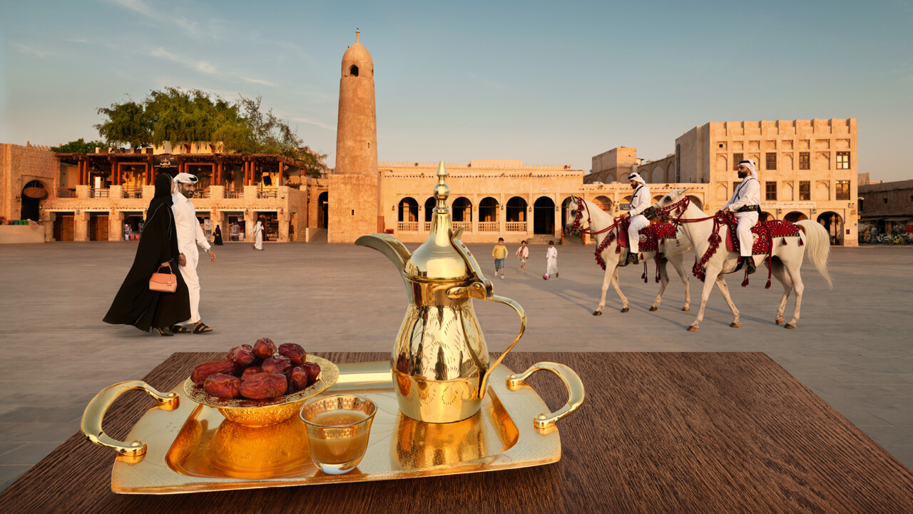 Traditional Qatari scene with Arabic coffee set, architecture, and horseback riders